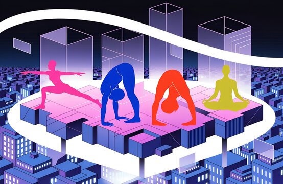  Digital yoga illustration with colorful human figures performing poses above modern cityscape, symbolizing mindfulness, balance, wellness, and urban lifestyle harmony generated ai