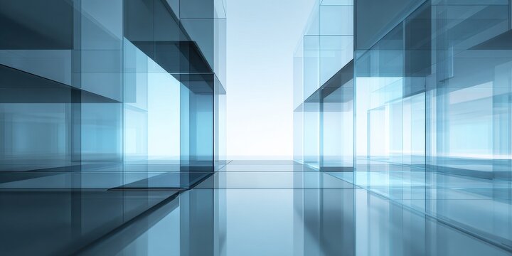 Futuristic Glass Corridor with Reflective Floor Leading to Bright Light Architecture Concept