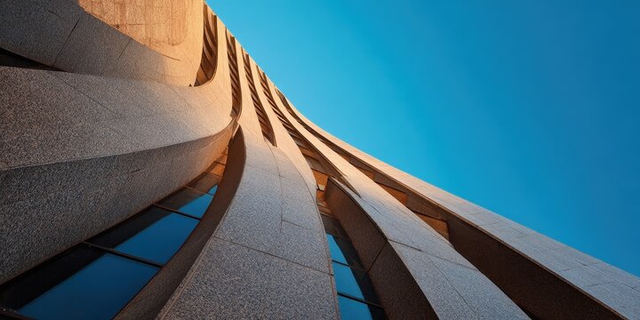 Wavy Stone Facade of Modern Architectural Landmark Under Blue Sky