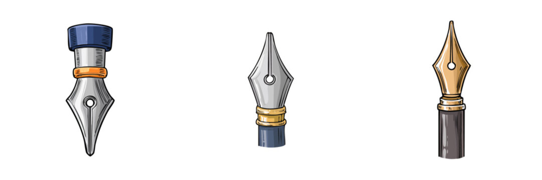 Set of three distinct metal and gold nibs for fountain pens