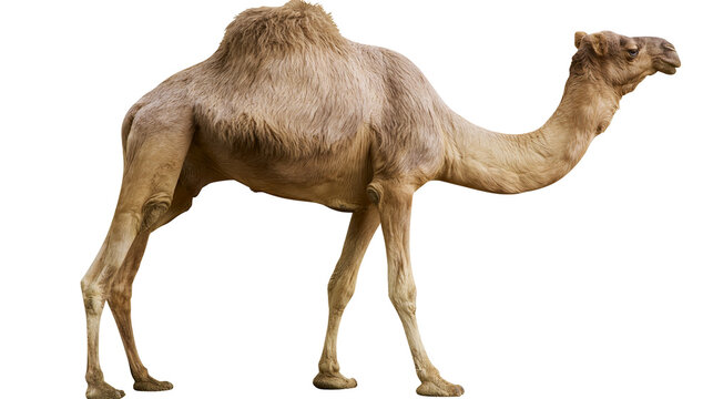 One-humped dromedary camel with tan fur, isolated on transparent background