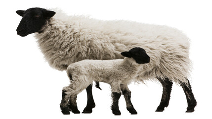 Fluffy white sheep with black face and legs standing next to a small lamb, isolated on transparent background © Dan