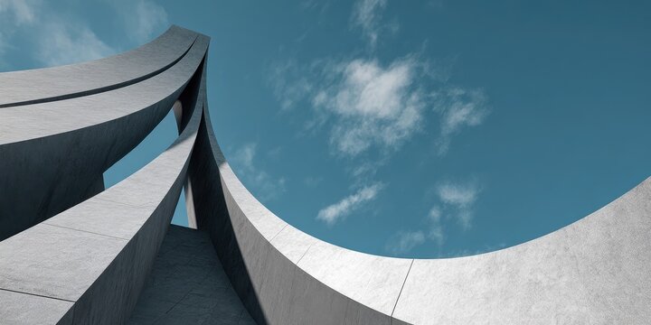 Modern Abstract Concrete Structure with Sweeping Curves Under Blue Sky