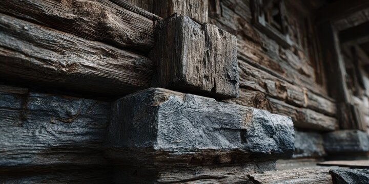 Rustic wooden log wall with stone base detail in traditional architecture