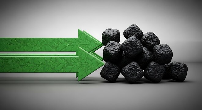 Green arrows with leafy patterns point towards a pile of black coal on a gray background