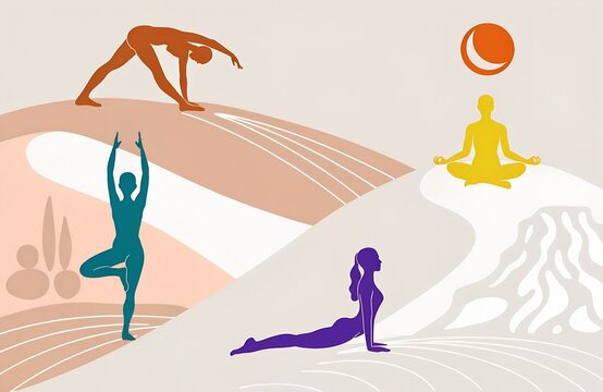Abstract yoga illustration featuring four colorful figures in poses with flowing shapes, representing mindfulness, balance, wellness, and lifestyle harmony generated ai