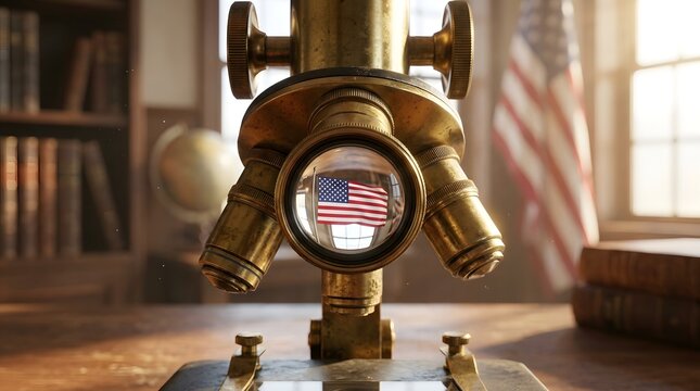 Liquid golden light on vintage brass microscope magnifying the american flag for 4th july celebration in cozy library study