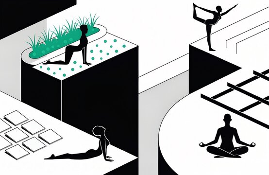 Minimalist yoga illustration with four human silhouettes performing poses on geometric platforms, symbolizing mindfulness, balance, wellness, and modern lifestyle design generated ai