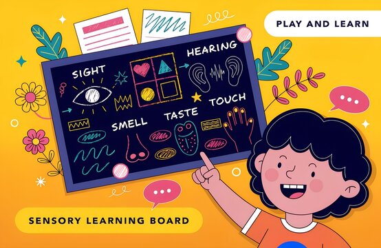 Colorful sensory learning board illustration featuring child and five senses symbols of sight, hearing, smell, taste, and touch for children&rsquo;s classroom teaching generated ai