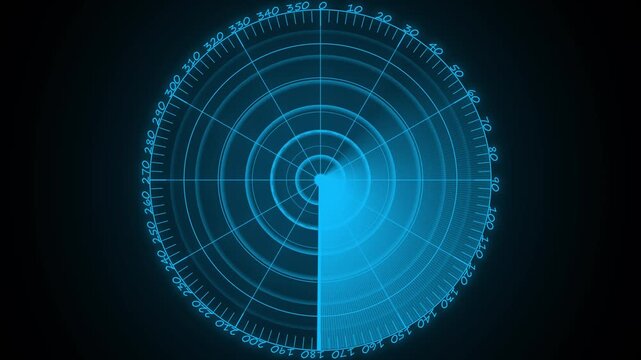 Cyan cybers sweeping radar navigation surveillance tracking sonar scanning overlay. Digital radar screen scanning animation with circular grid and degree markers sonar interface. 