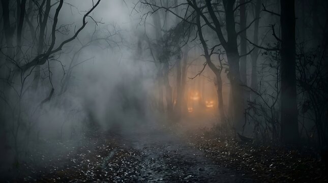 Happy halloween spooky forest path with jack o' lanterns eerie autumn night scene