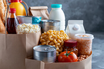 Grocery bag filled with various food items at home © pavlofox