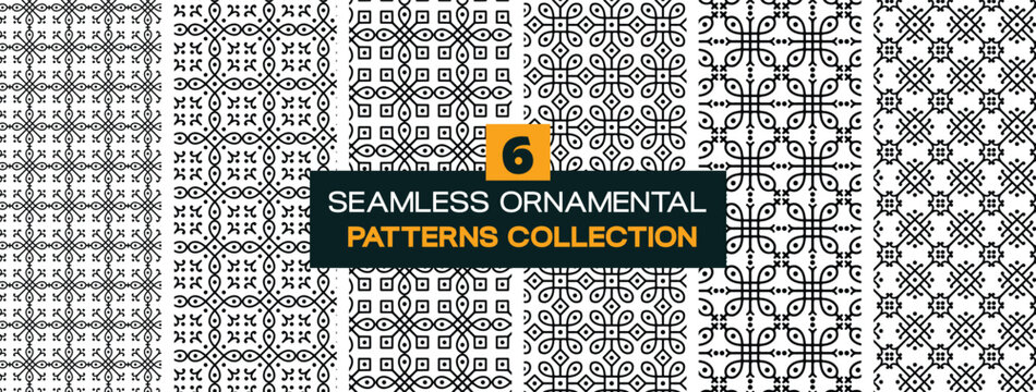 Collection of Seamless Black and White Islamic Geometric Tile Patterns &ndash; Ornamental Arabesque Moroccan Vector Repeat Backgrounds