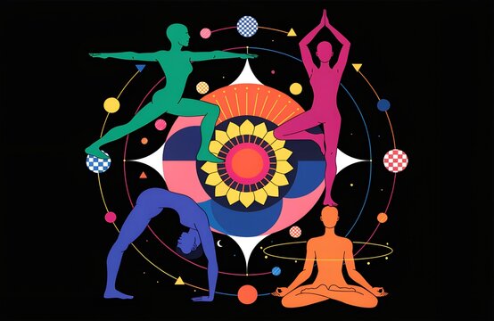 Colorful yoga silhouettes in diverse poses surrounding vibrant mandala design on black background symbolizing balance mindfulness energy and harmonious composition generated ai