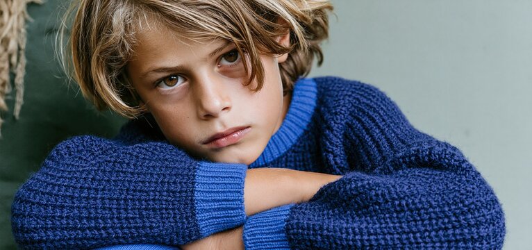 A warm, playful deep blue knitted sweater with bright trim designed for a child&rsquo;s chilly day comfort.