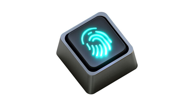 Square fingerprint scanner with glowing cyan biometric symbol, isolated on transparent background