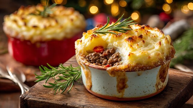 Traditional cottage pie with golden mashed potatoes and rosemary in a white ceramic bowl on wood