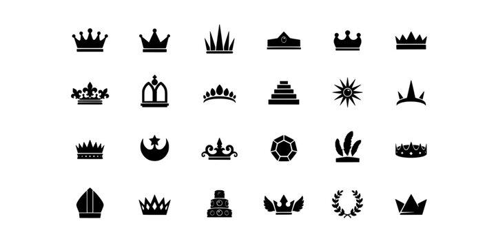 Crowns and Royal Symbols Arranged in a 4x6 Grid on a White Background Featuring Crown, Symbol, Icon with Illustration and Design