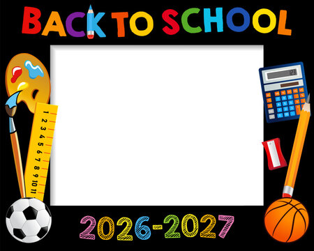 2026-2027, Back to School photo booth design for First Day of school. Photo frame template with blank space for pupil or student. Vector illustration