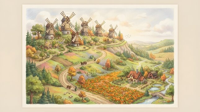 Charming fairytale map illustration featuring a ridge of wooden windmills and a cozy pumpkin patch, without any text, labels, or outer borders