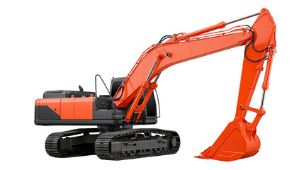 Heavy-duty orange excavator with black tracks and bucket, isolated on transparent background © Dan