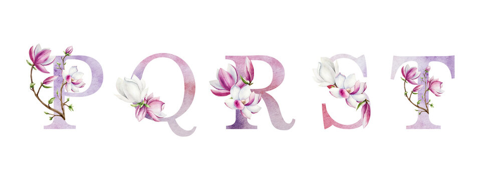Letters P, Q, R, S, T with magnolia branches, pink and white tree flowers. Watercolor hand drawn spring alphabet illustration isolated on background, transparent png. Wedding monogram or feminine desi