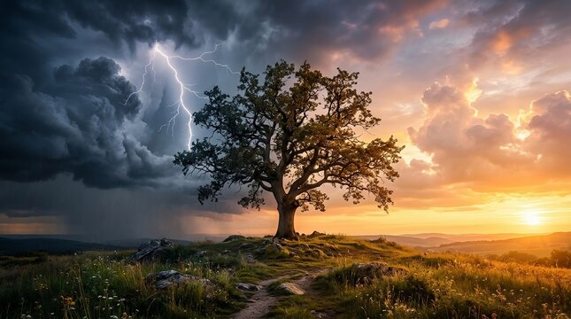 Tree Divided Between Storm and Sunshine as a Surreal Visual Metaphor for Bipolar Disorder, Emotional Extremes, and Inner Conflict