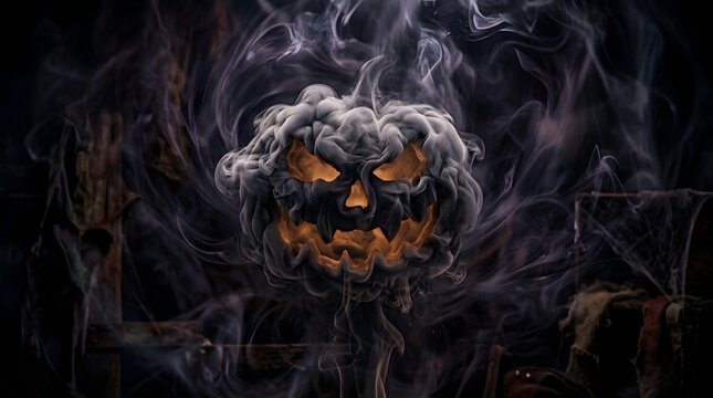 Happy halloween eerie jack o' lantern emerging from smoky wisps spooky seasonal decor