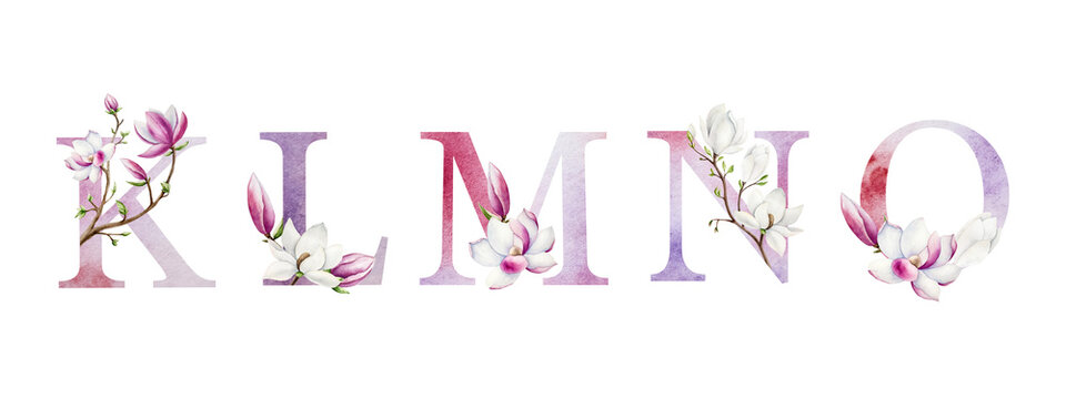 Letters K, L, M, N, O with magnolia branches, pink and white tree flowers. Watercolor hand drawn spring alphabet illustration isolated on background, transparent png. Wedding monogram or feminine desi