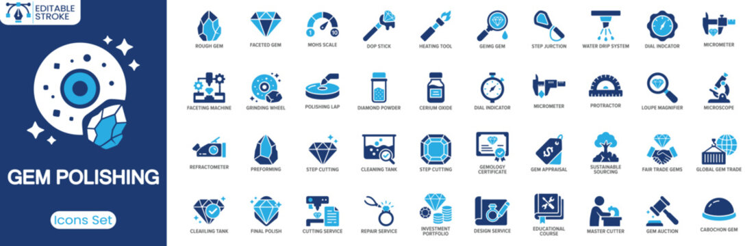 Gem Polishing icon set. Containing rough gem, faceting machine, grinding wheel, final polish, gem appraisal and more. Solid vector icons collection