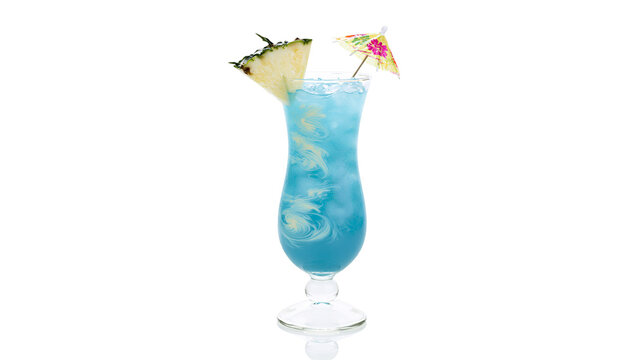 Blue tropical cocktail with pineapple slice and paper umbrella, isolated on transparent background
