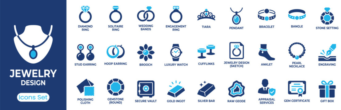 Jewelry Design icon set. Containing diamond ring, pendant necklace, stud earrings, wedding bands, gemstone and more. Solid vector icons collection