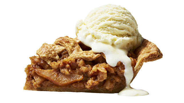 Golden brown apple pie slice with melting vanilla ice cream, isolated on transparent background