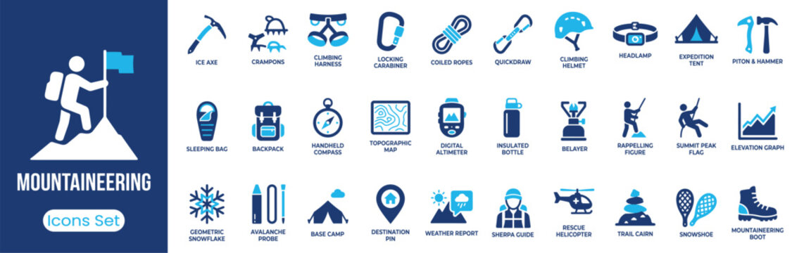 Mountaineering icon set. Containing ice axe, climbing harness, locking carabiner, topographic map, base camp and more. Solid vector icons collection