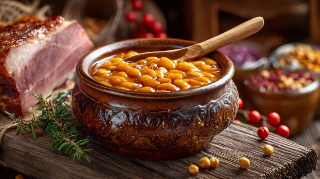 Hearty baked beans in a rustic clay pot with sliced ham and fresh thyme on a wooden board