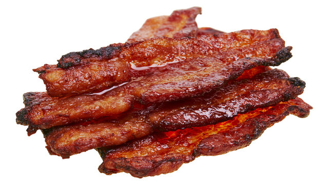 Crispy fried bacon strips with glistening fat, isolated on transparent background