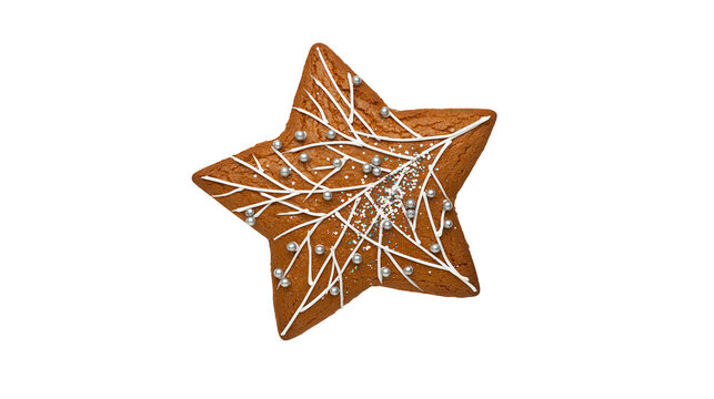 Star shaped gingerbread cookie with white icing and silver dragees, isolated on transparent background