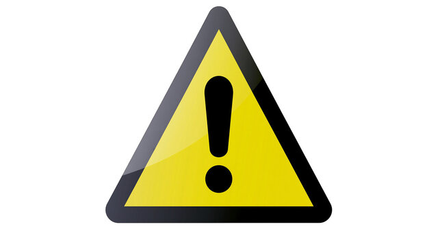Yellow triangular warning sign with black exclamation mark, isolated on transparent background