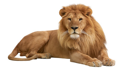 Majestic male lion with full mane lying down, isolated on transparent background © Dan