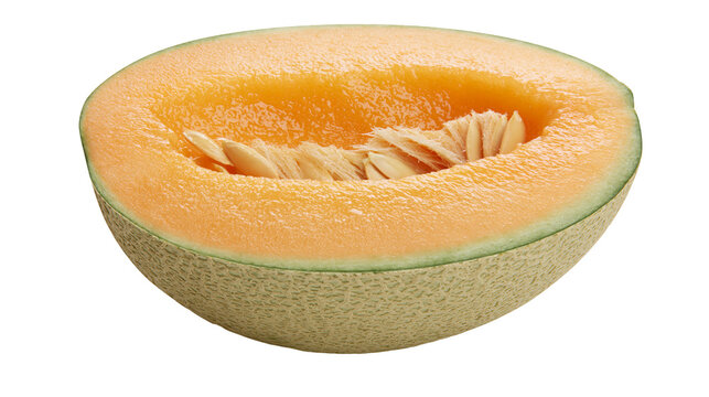 Half cantaloupe with orange flesh and seeds, isolated on transparent background
