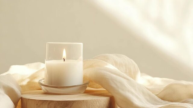 A candle is lit on a wooden table. Soft fabric is arranged around it. Light from the window shines on the candle. The time is midday, creating a gentle atmosphere