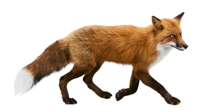 Red fox with bushy tail walking, isolated on transparent background