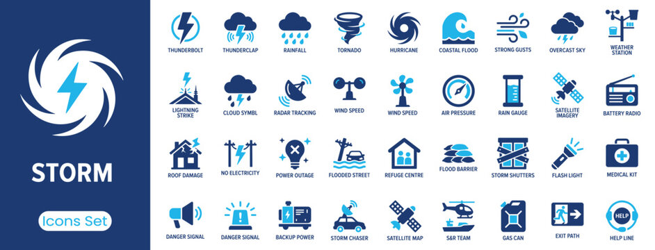 Storm icon set. Containing thunderbolt, tornado, hurricane, weather station, emergency shelter and more. Solid vector icons collection
