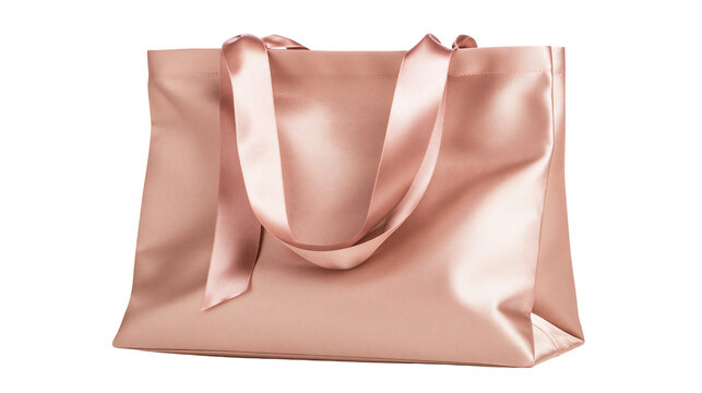 Rose gold satin tote bag with ribbon handles, isolated on transparent background