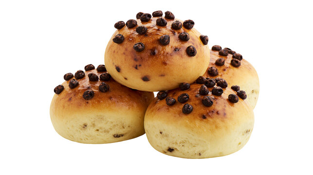 Golden brown chocolate chip brioche buns freshly baked and sprinkled with dark chocolate chips, isolated on transparent background