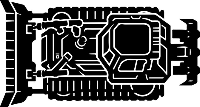 Futuristic robotic mechanism, circuit board design, black and white vector illustration, industrial technology concept, machinery blueprint
