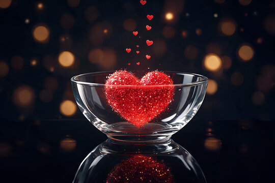 Sparkling red heart in glass bowl with falling smaller hearts against bokeh lights romantic
