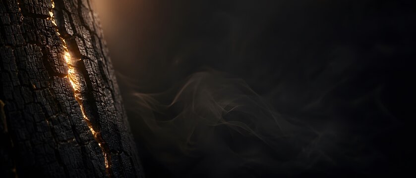 Abstract burned charred wood texture with glowing embers and smoke background with large copy space, generative AI