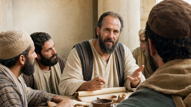 Group of ancient men in historical attire discussing scrolls at a wooden table lit by oil lamps
