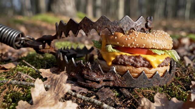 Classic Cheeseburger Sitting Inside a Rusty Metal Bear Trap on a Forest Floor Surrounded by Fallen Leaves